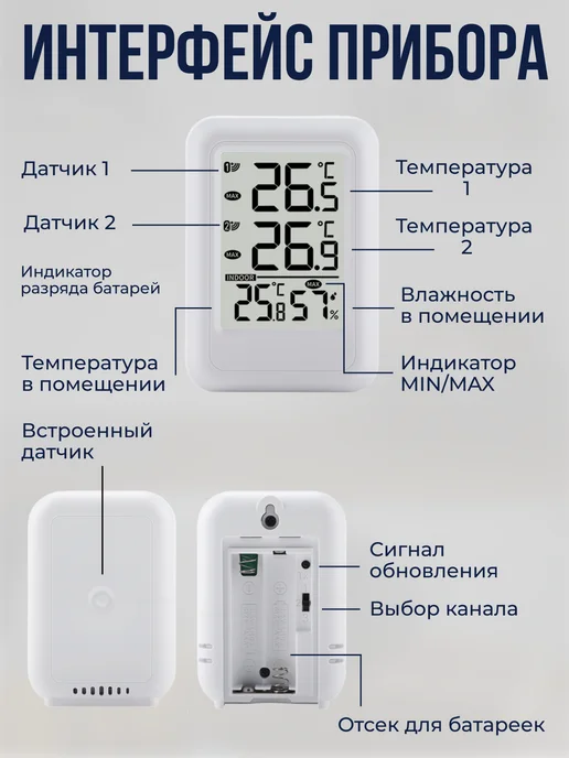 SOVANCI Термометр гигрометр с 2-мя беспроводными датчиками, белый, фото 3