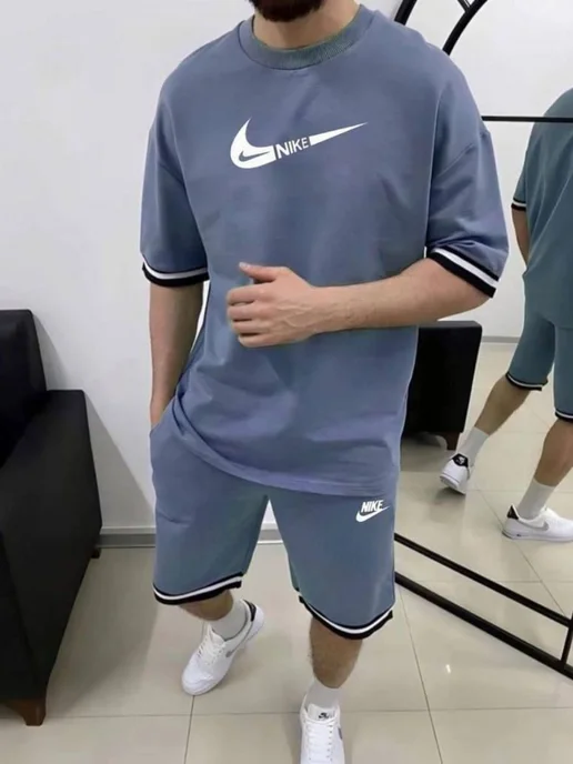 Костюм спортивный домашний футболка шорты летний Nike, голубой