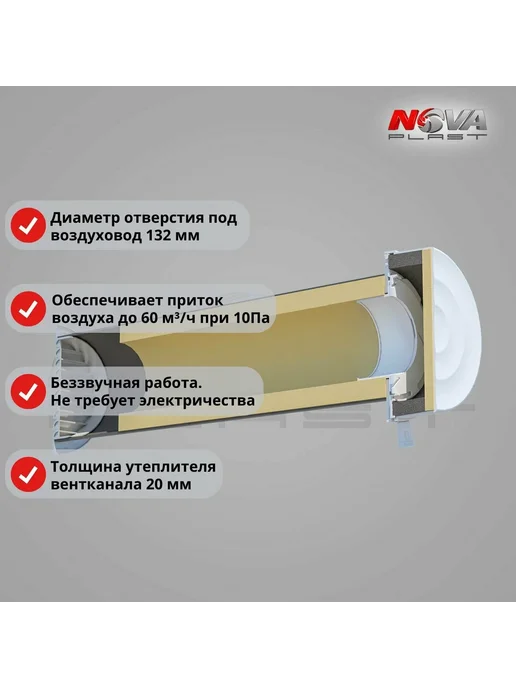 NOVAplast Приточный клапан вентиляции NovaPROF, 600 мм, решётка белая, белый, фото 3