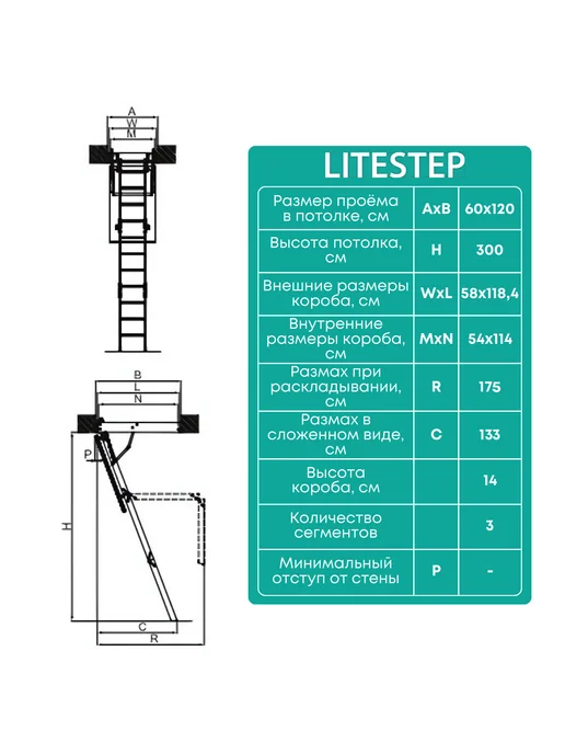 Litestep Лестница чердачная RLK 60*120*300 (2 сегмента в разборе), 60x120, фото 8