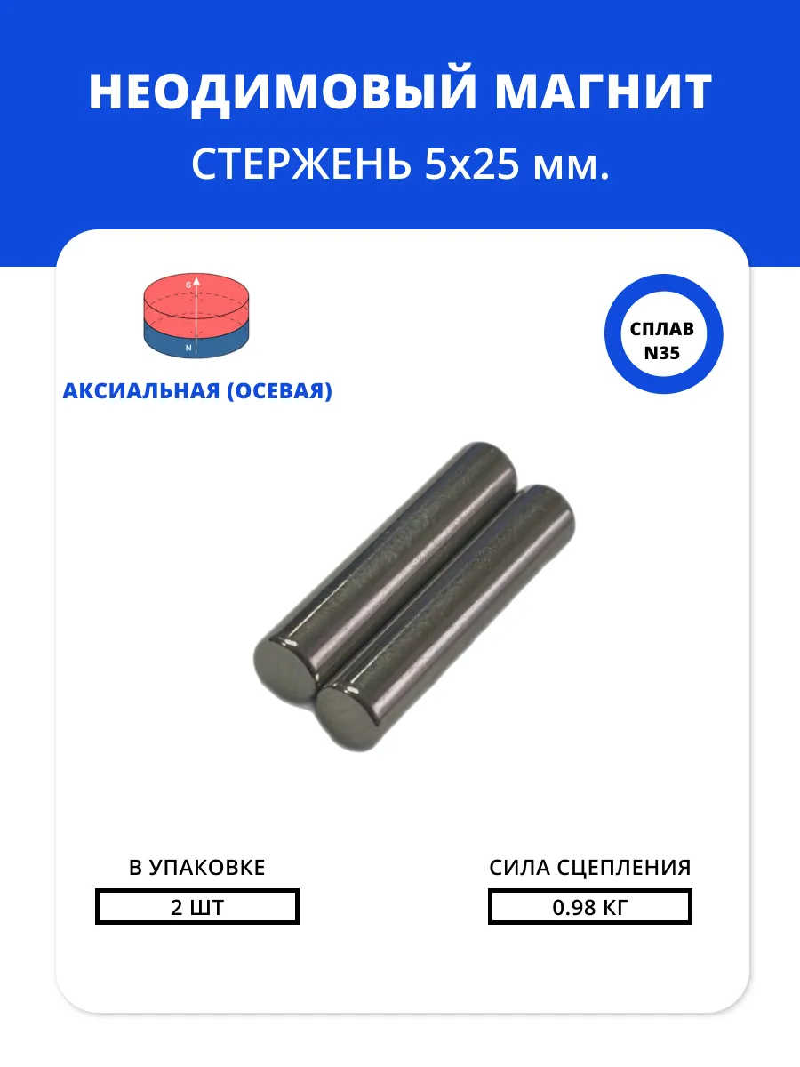 Неодимовые магнит стержень 5*25 мм набор 2 шт