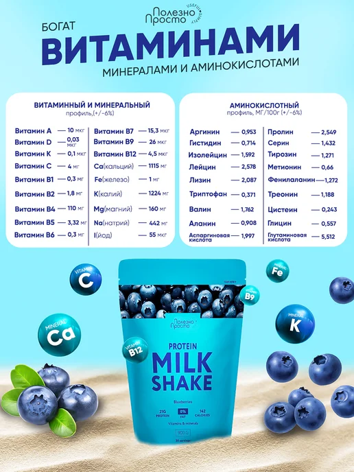 Полезно Просто Протеиновый коктейль для похудения без сахара, черника, 900г, 900 мл, фото 7