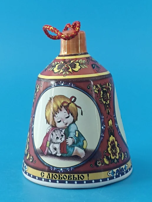 Ceramic Fauna Фарфоровый колокольчик Ребенка с котенком, синий, фото 4
