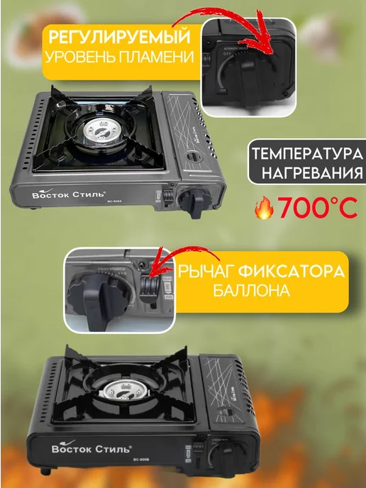 Туристическая газовая плита с переходником, в кейсе, черный, фото 2