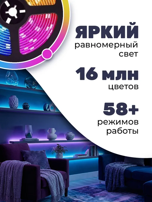 GLAMIXIE Светодиодная лента 5 метров с пультом RGB LED многоцветная, 15 м, фото 2