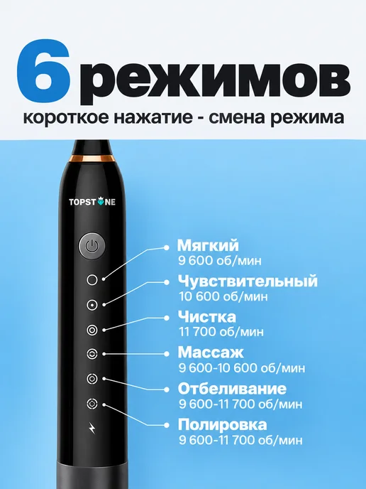 TOPSTONE Электрическая зубная щетка взрослым и детям с насадками, черный, фото 2