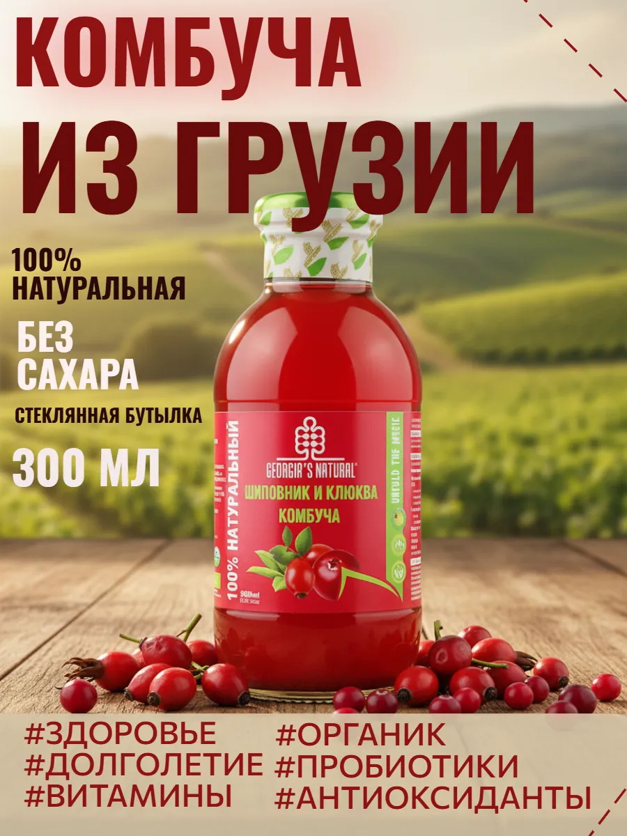 Комбуча без сахара шиповник и клюква 300мл Грузия