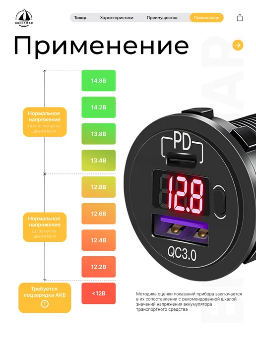 Breezmar USB Type-C розетка вольтметр врезная в автомобиль, 2 шт, фото 4