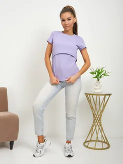 Футболка для кормящих мам с клапаном секретом для кормления I am mama. Цвет лиловый. Вид 5.