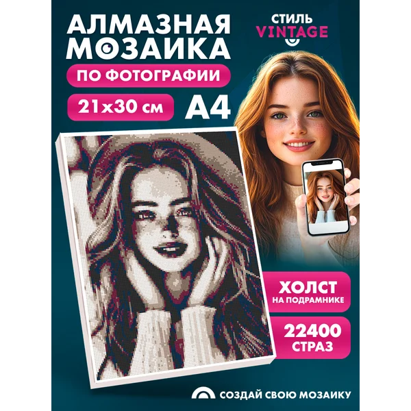 Алмазная мозаика по фото на раме А4, Vintage
