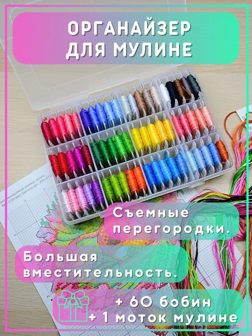 ДВА ЛЬВА Органайзер для ниток мулине пластиковый и 110 бобинок, вариант