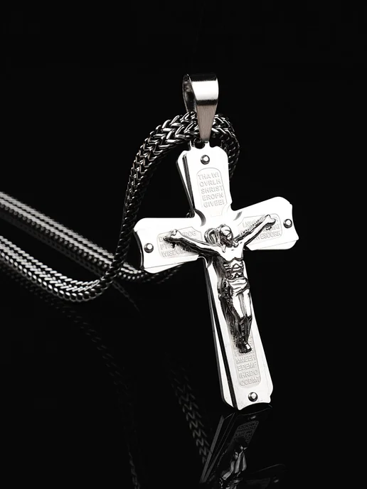 NEW COLLECTION №1 Толстая цепочка с большим крестом на шею стальная, серый, фото 2