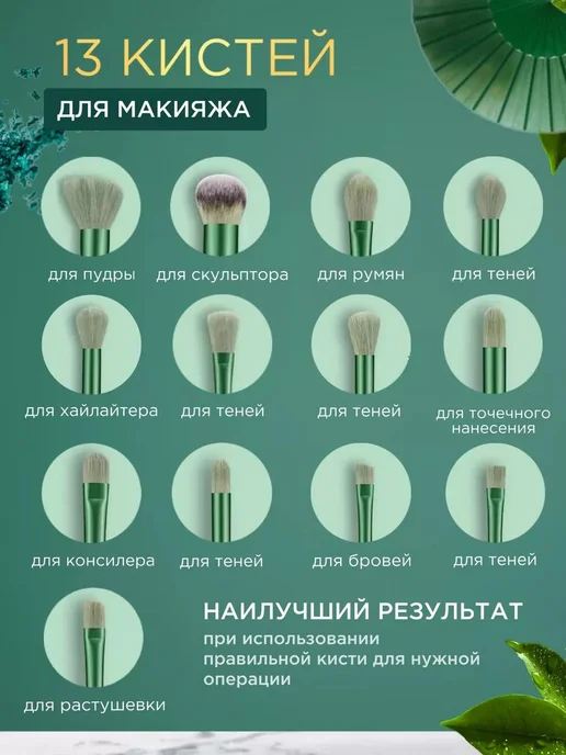 Кисти для макияжа набор кистей 13 штук, зеленый, фото 3
