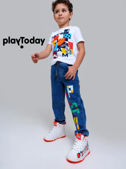 PlayToday Джинсы прямые на резинке детские, синий, фото 2
