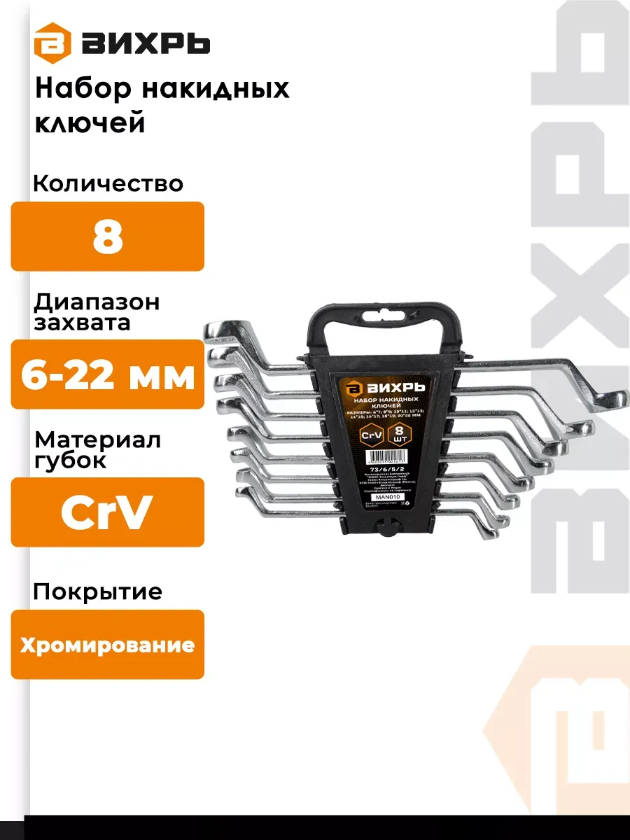 Набор ключей накидных 8 шт, 6-22 мм.