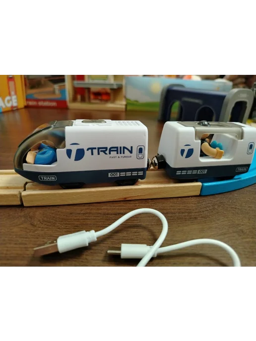 1-ая АВОСЬКА Электропоезд детский совместим с IKEA BRIO с USB зарядкой, синий, фото 5