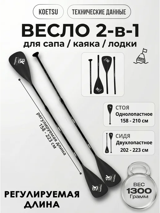 Koetsu Двухлопастное весло 2в1 для сапборда, каяка и байдарки, черный, фото 3