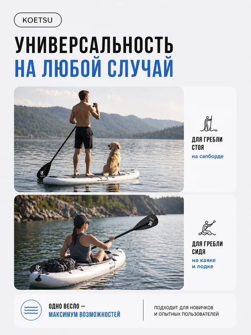 Koetsu Двухлопастное весло 2в1 для сапборда, каяка и байдарки, черный, фото 5