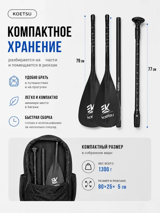 Koetsu Двухлопастное весло 2в1 для сапборда, каяка и байдарки, черный, фото 6