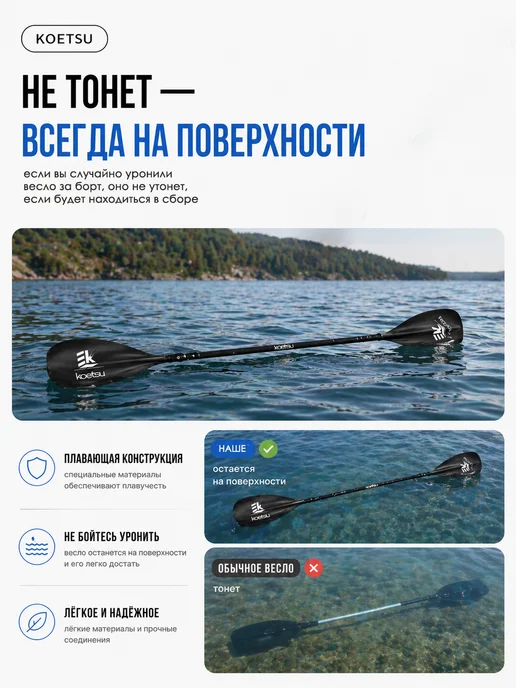 Koetsu Двухлопастное весло 2в1 для сапборда, каяка и байдарки, черный, фото 7