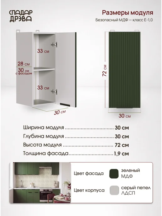 СпадарДрэва Кухонный гарнитур модульный навесной 30 см, зеленый, фото 2