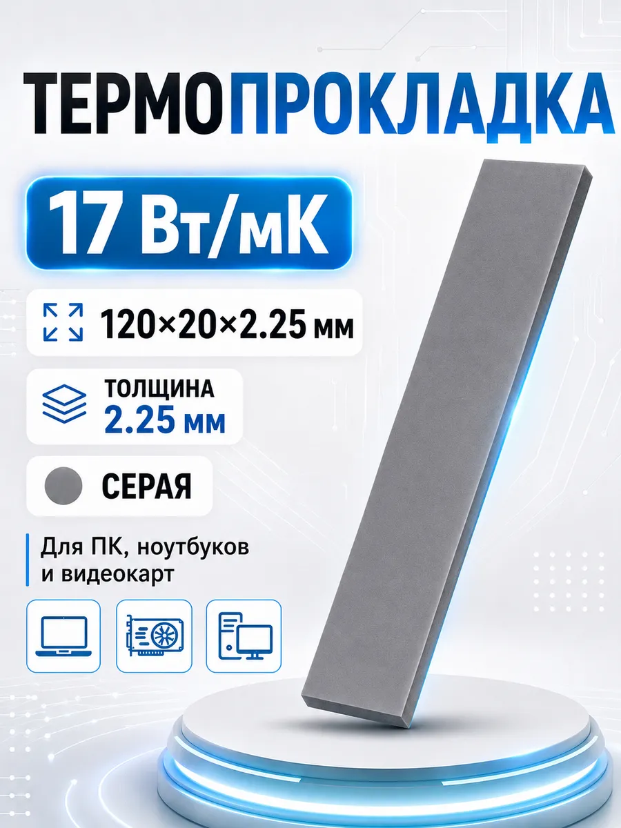Термопрокладка для видеокарты 2.25мм, теплопроводность 17 Вт