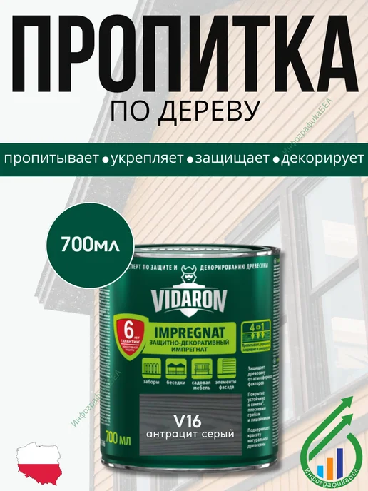 Vidaron Пропитка для дерева Видарон 0.7л V16 Антрацит Серый, 0,7 л