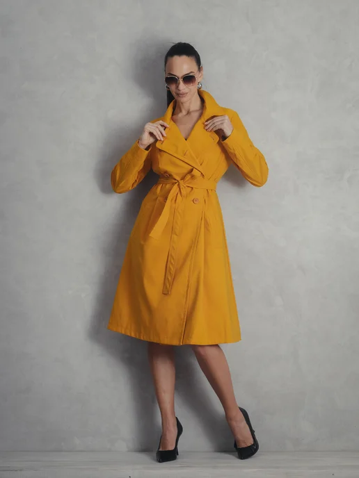 ROSSO BRAND Плащ демисезонный до колена классический приталенный, желтый, фото 2