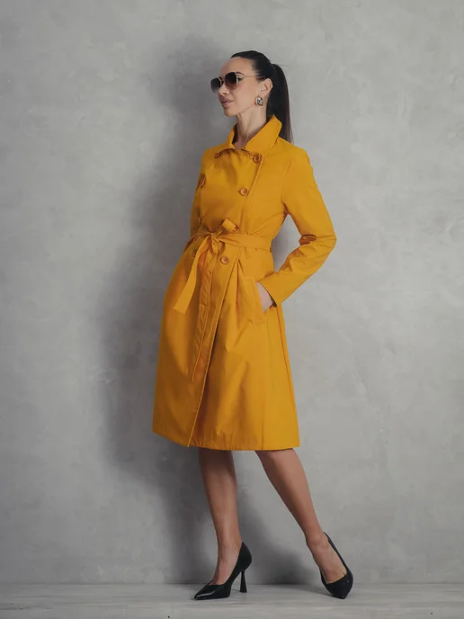 ROSSO BRAND Плащ демисезонный до колена классический приталенный, желтый, фото 6