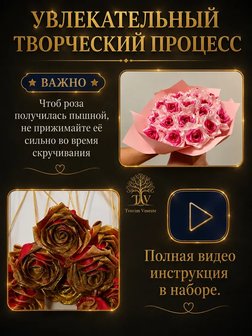 TvorimVmeste Подарочный букет роз из атласных лент, белый, фото 7