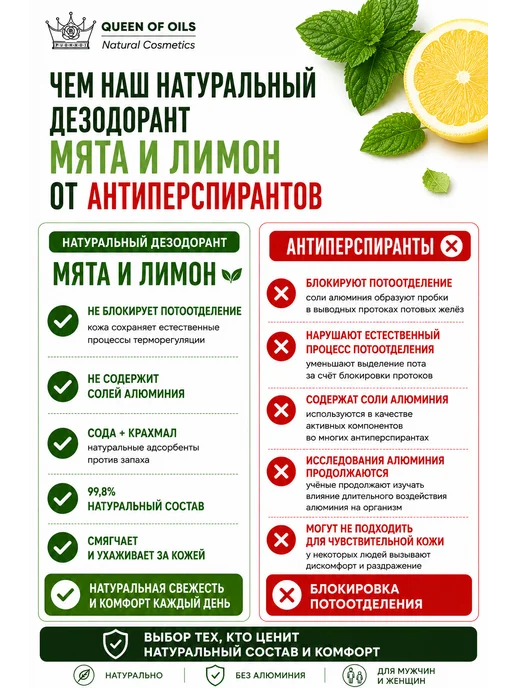 Queen of Oils Натуральный дезодорант женский твердый Мята и лимон, 60 мл, фото 4