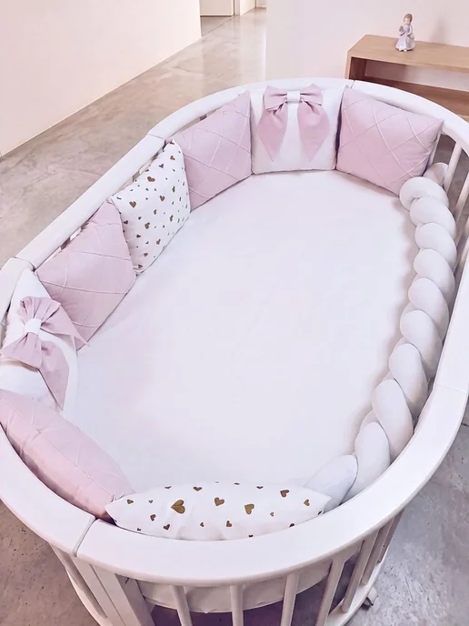 BABYTEX5 Бортики для новорожденных нежно-розовые с косичкой, розовый, фото 3