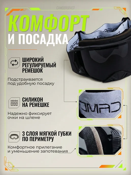 CAMDEROFAST Очки для мотокросса эндуро мотоочки для шлема, черный, фото 4
