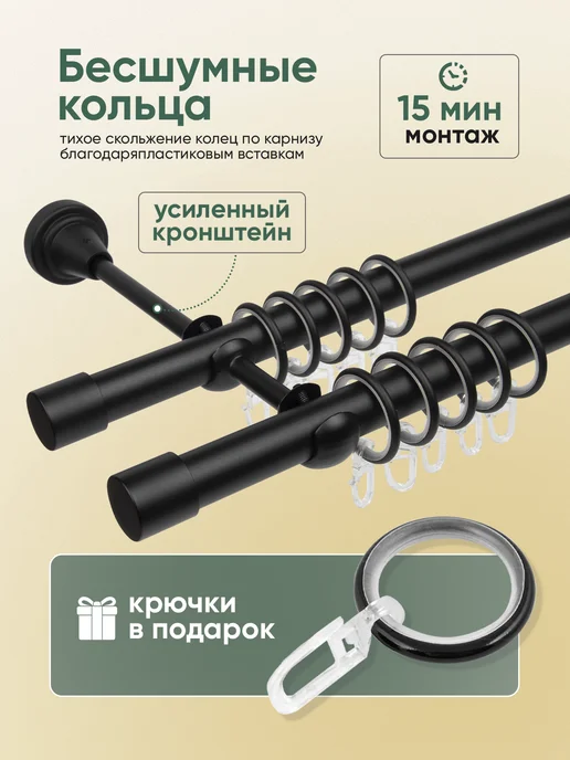 Mirtex Карниз для штор настенный двухрядный 60-174 см, гардина, черный, фото 6