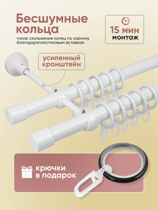 Mirtex Карниз для штор настенный двухрядный 60-288 см, гардина, белый, фото 6