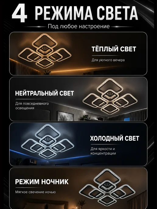 Семь огней Люстра потолочная светодиодная в спальню, черный, в упаковке 2,8 кг, фото 3