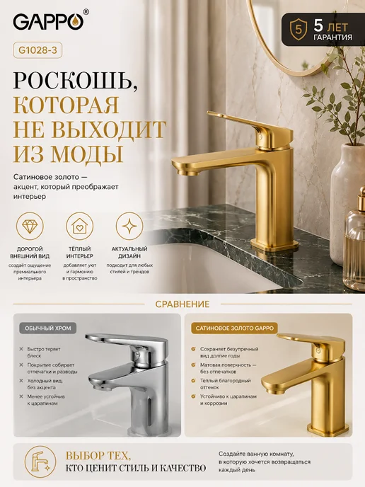 Gappo G1028-3 Смеситель для раковины сатин золотой, золотой, фото 8