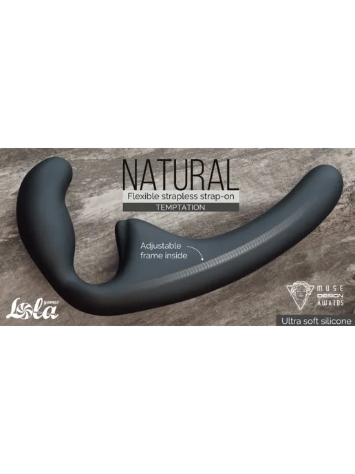 lola games Гнущийся безремневой страпон Natural Temptation Black, черный, фото 3