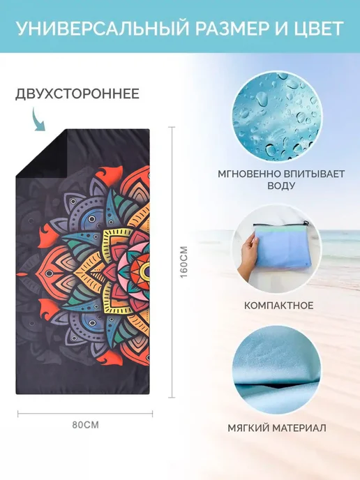 Catchmop Пляжное полотенце из микрофибры 160x80, черный, фото 2