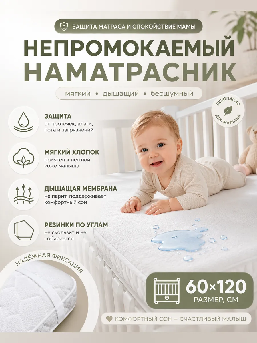 Наматрасник непромокаемый 60х120 на резинке по углам
