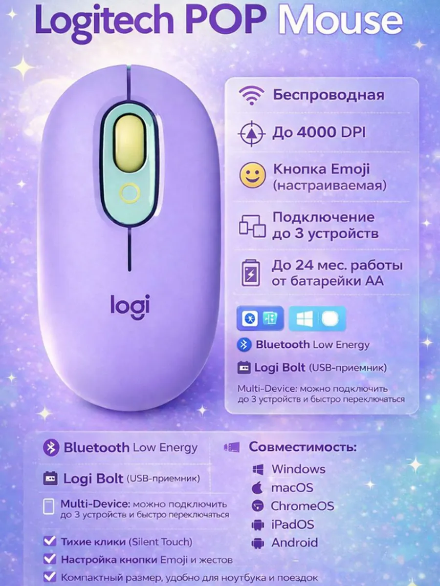 LOGITECH Беспроводная мышь POP Mouse для разных задач