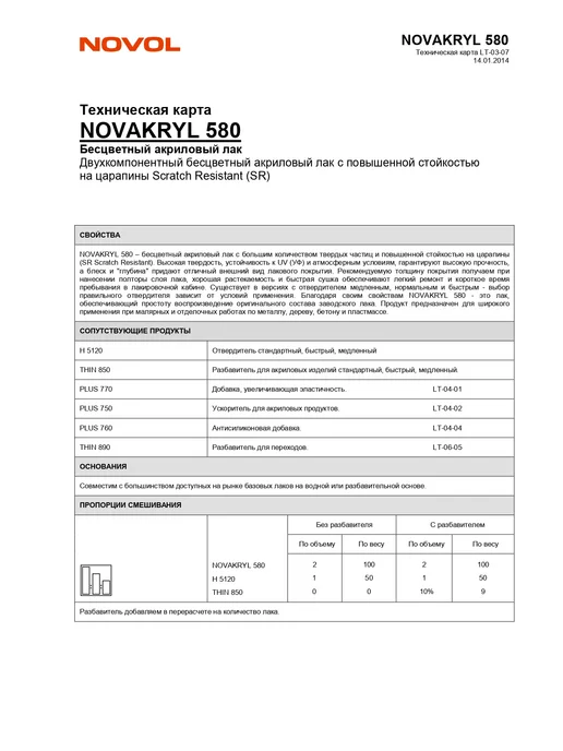 NOVOL Лак акриловый NOVAKRYL 580 HS 1л + отв. 0,5л, 1 л, 500 мл, фото 2