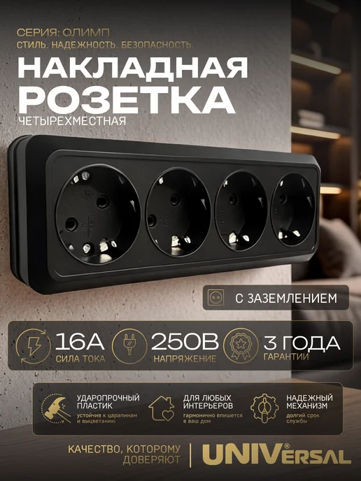 UNIV Розетка четверная накладная без заземления черная, вариант