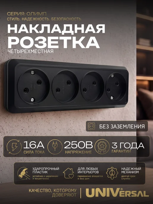 UNIV Розетка четверная накладная без заземления черная, черный