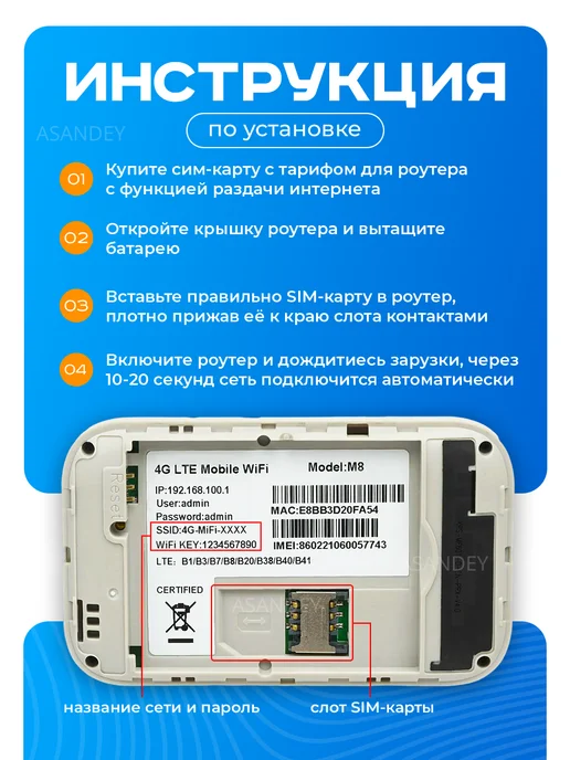 ASANDEY Портативный USB Модем 4G WiFi роутер карманный, 4 г, фото 3