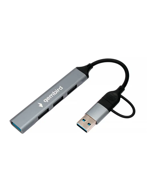 GEMBIRD USB HUB 3.0 и 2.0 10 см с переходником Type-c 4 в 1, серый, фото 3