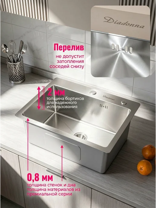 DIADONNA Мойка для кухни из нержавейки с крылом справа, вариант, фото 4