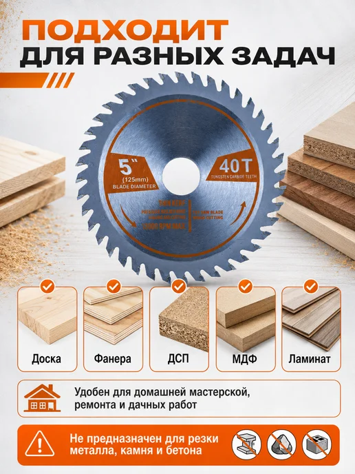 Диск пильный по дереву для УШМ 125мм 40 Т 2х22,2 мм, 2x22.2 мм, фото 2