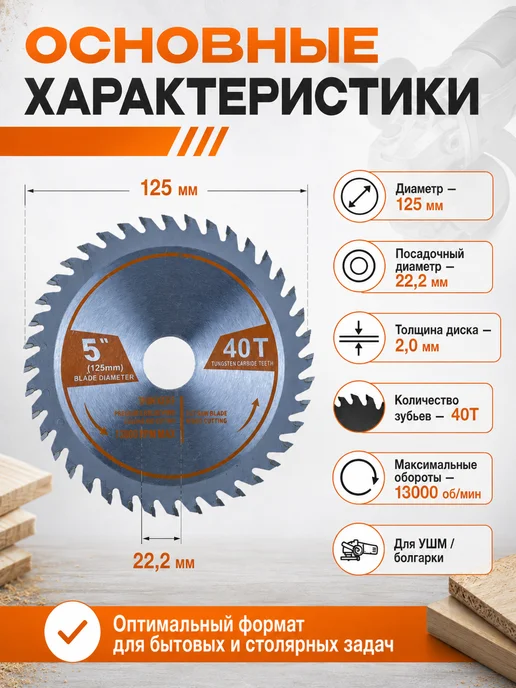 Диск пильный по дереву для УШМ 125мм 40 Т 2х22,2 мм, 2x22.2 мм, фото 6