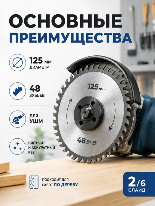 Диск пильный по дереву 125 мм для УШМ, 48 зубьев, серый, фото 2